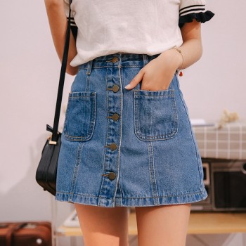 Denim Skirt High Waist A-line Mini Skirts Women Single Button Pockets Blue Jean Skirt Style